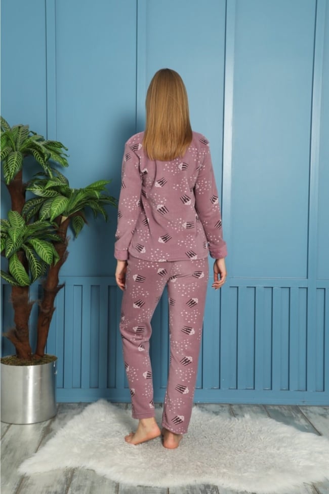 Kadın Mor Pop Corn Party Pelüş Polar Pijama Takımı