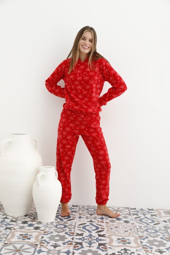 Kadın Nar Rengi Kar Desenli Kapüşonlu Polar Eşofman Pijama Takımı