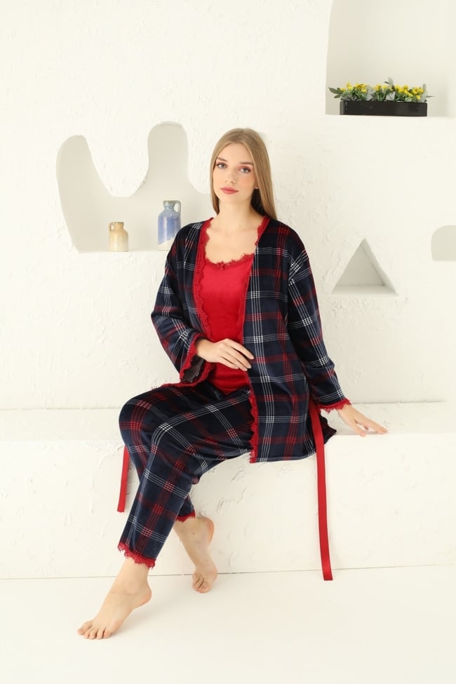 Kadın Parlament Mavisi Ekoseli Ithal Fransız Kadife Ip Askılı Sabahlıklı 3'lü Pijama Takımı Set