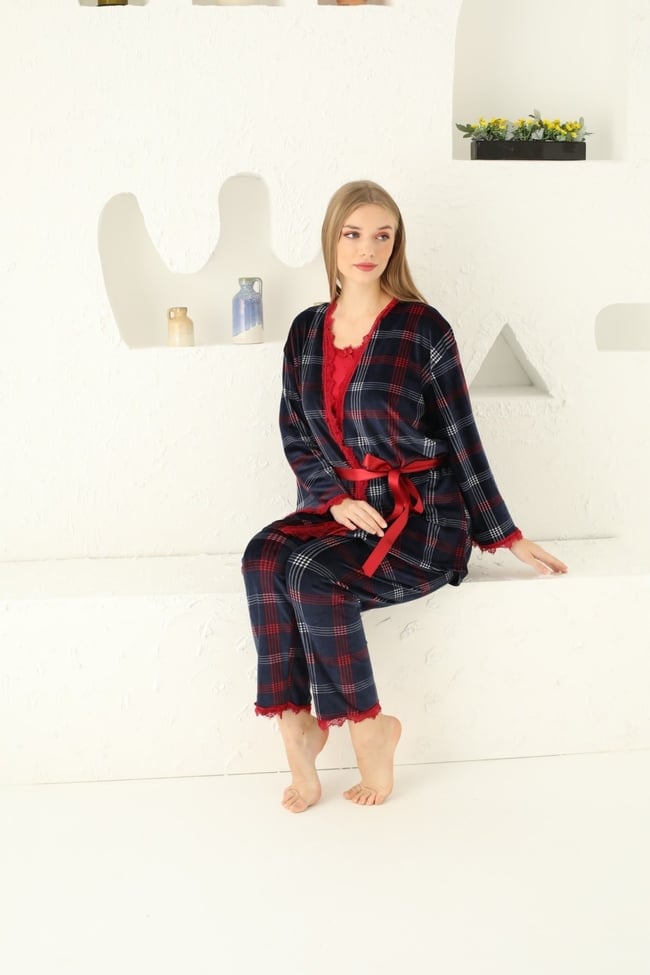 Kadın Parlament Mavisi Ekoseli Ithal Fransız Kadife Ip Askılı Sabahlıklı 3'lü Pijama Takımı Set