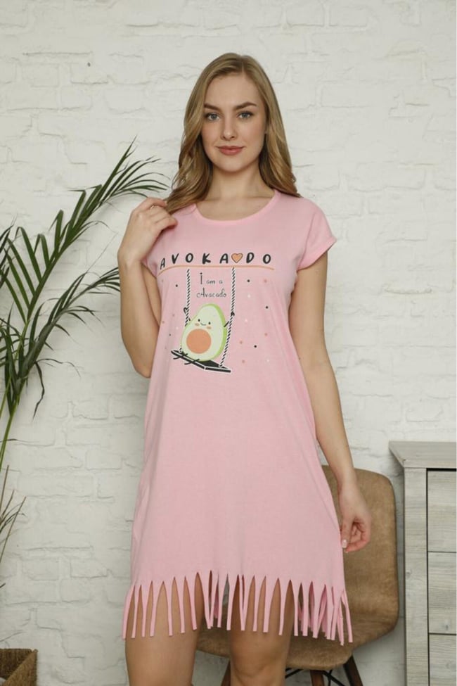 Kadın Pembe Avokado Baskılı Püsküllü Elbise