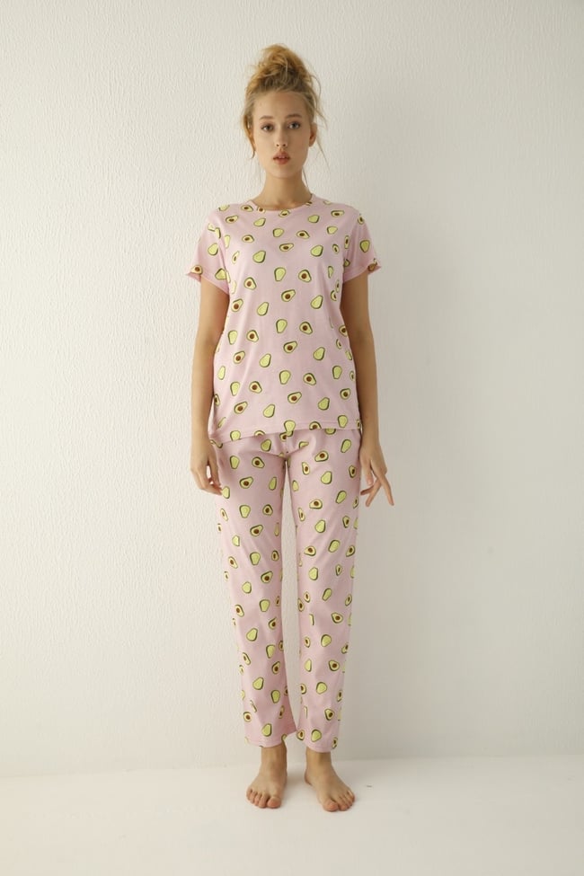Kadın Pembe Avokado Desenli Pijama Takımı