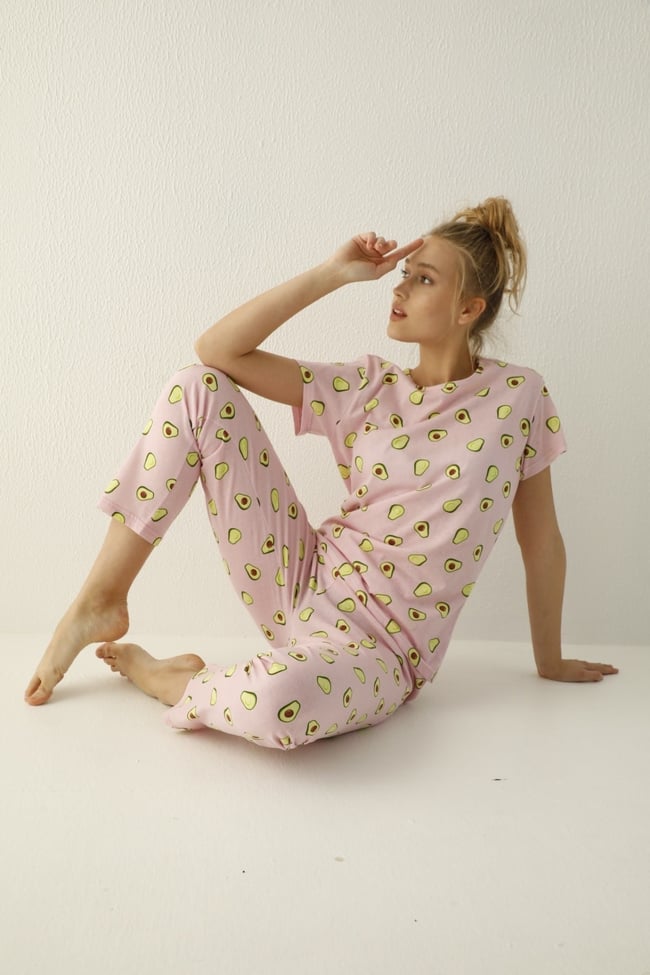 Kadın Pembe Avokado Desenli Pijama Takımı