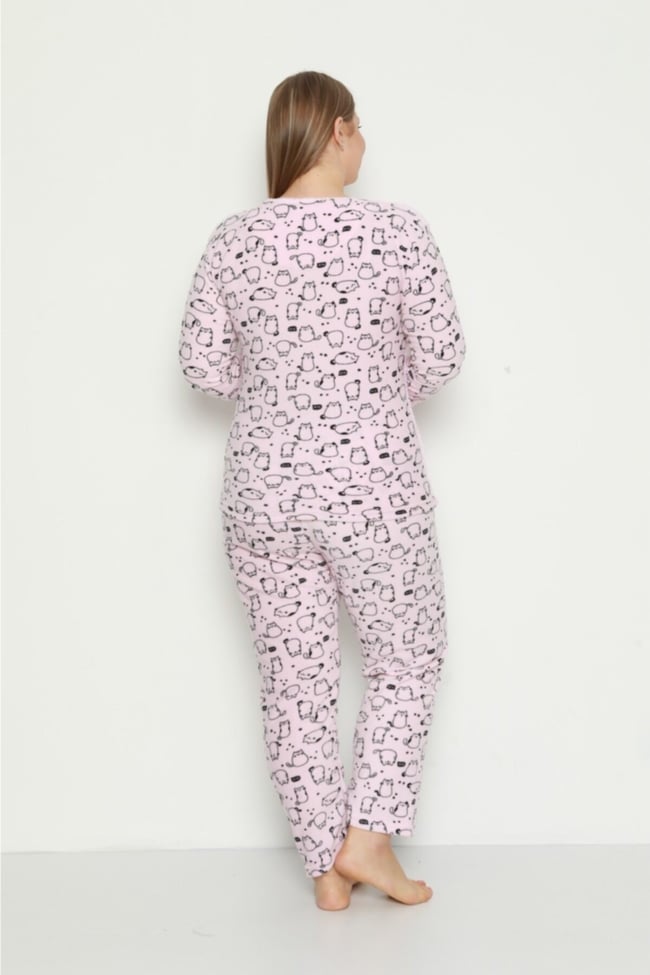 Kadın Pembe Büyük Kalpli Kedicik Desenli Polar Peluş Pijama Takımı