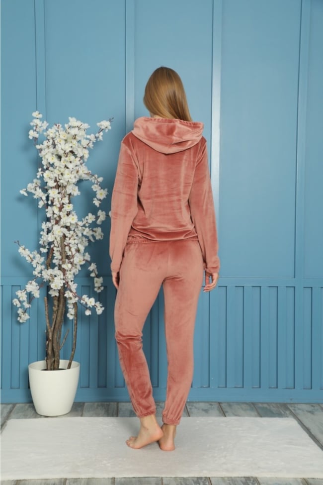 Kadın Pembe Dreamers Club Nakışlı Kapüşonlu Ve Cepli Fransız Kadife Eşofman Takımı
