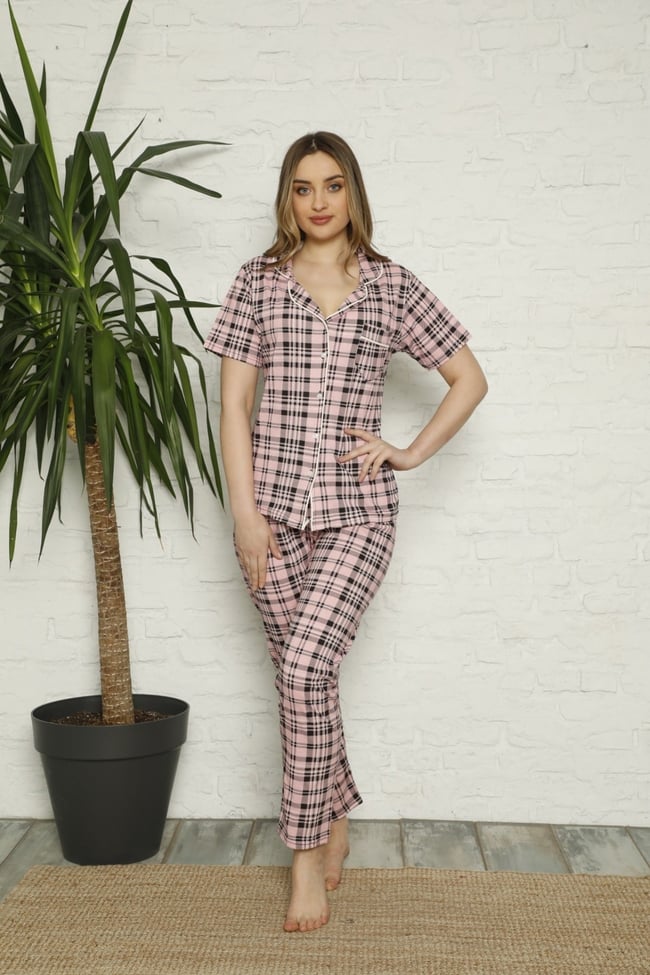 Kadın Pembe Ekose Desenli Düğmeli Pijama Takım