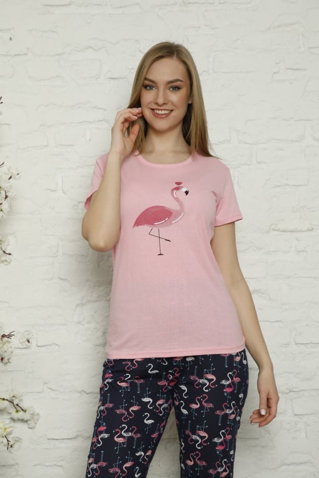 Kadın Pembe Flamingo Desenli Pijama Takımı