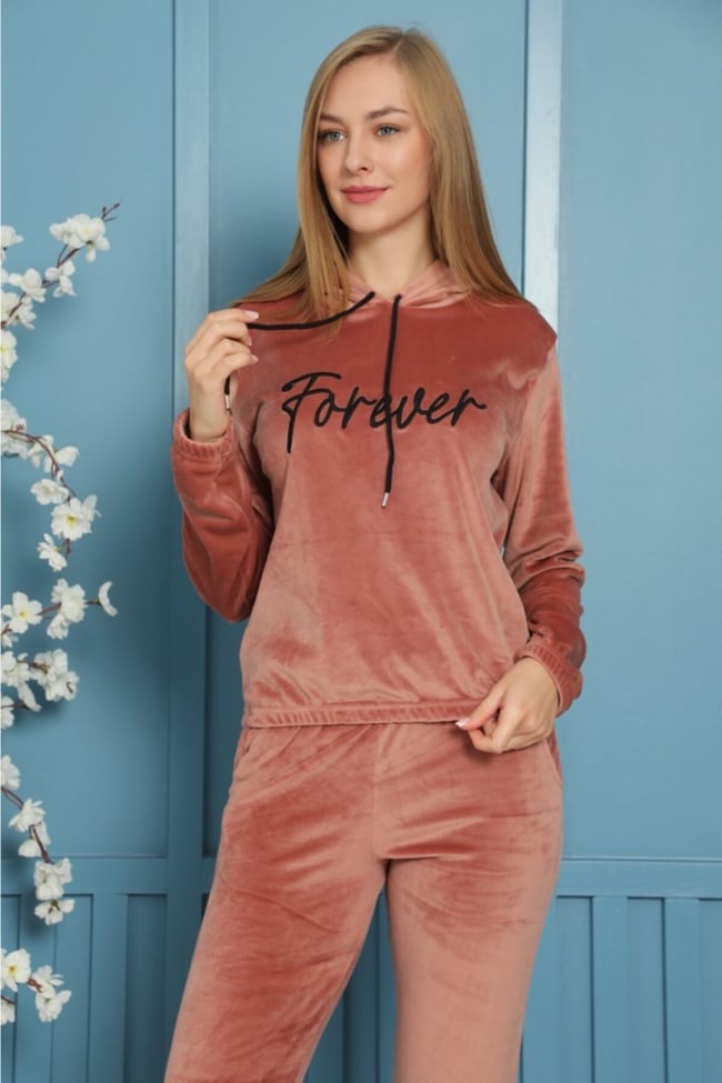 Kadın Pembe Forever Nakışlı Kapüşonlu Ve Cepli Fransız Kadife Eşofman Takımı