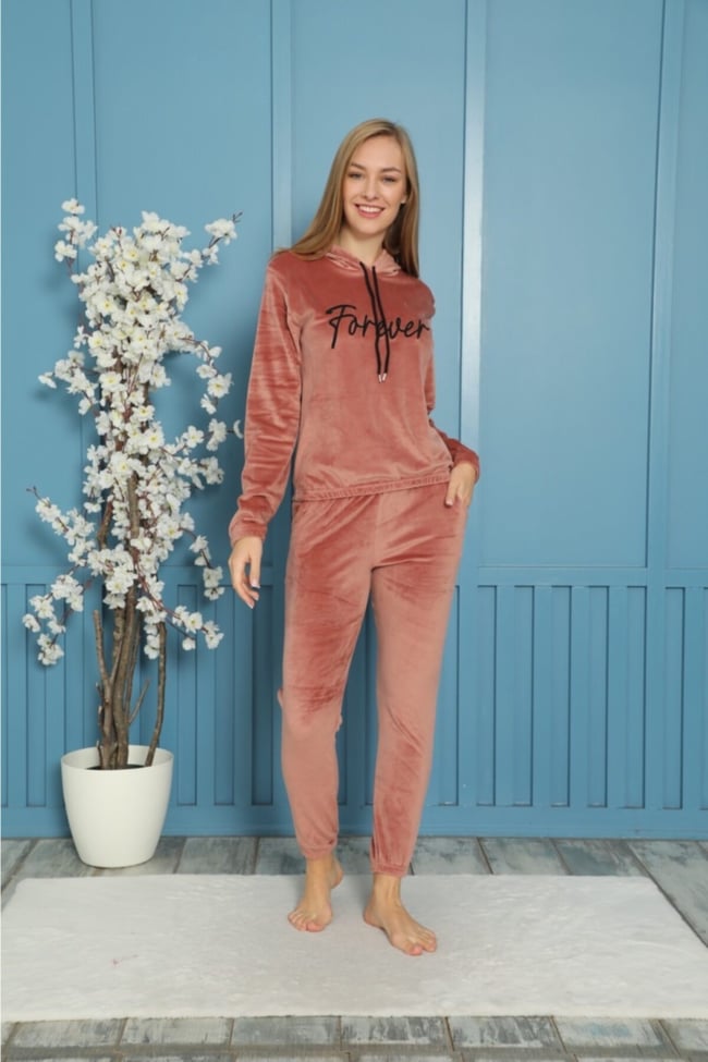 Kadın Pembe Forever Nakışlı Kapüşonlu Ve Cepli Fransız Kadife Eşofman Takımı