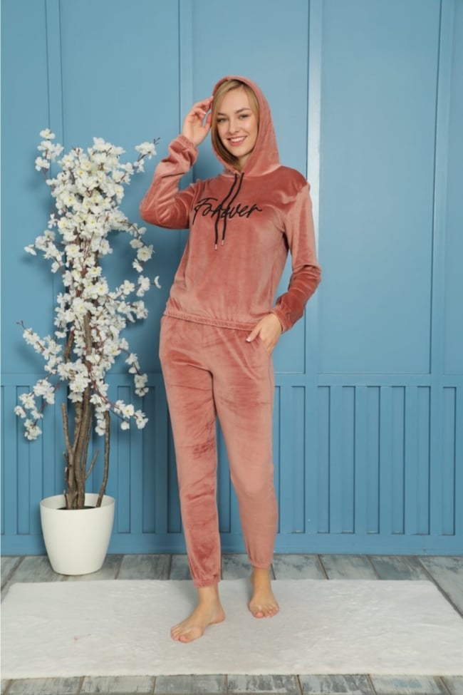 Kadın Pembe Forever Nakışlı Kapüşonlu Ve Cepli Fransız Kadife Eşofman Takımı