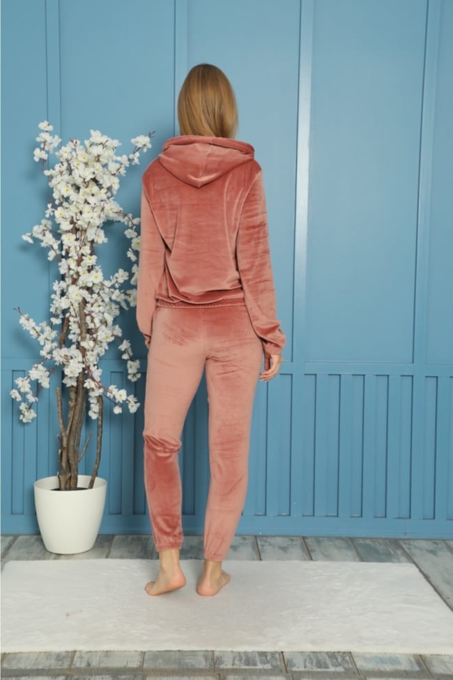 Kadın Pembe Forever Nakışlı Kapüşonlu Ve Cepli Fransız Kadife Eşofman Takımı
