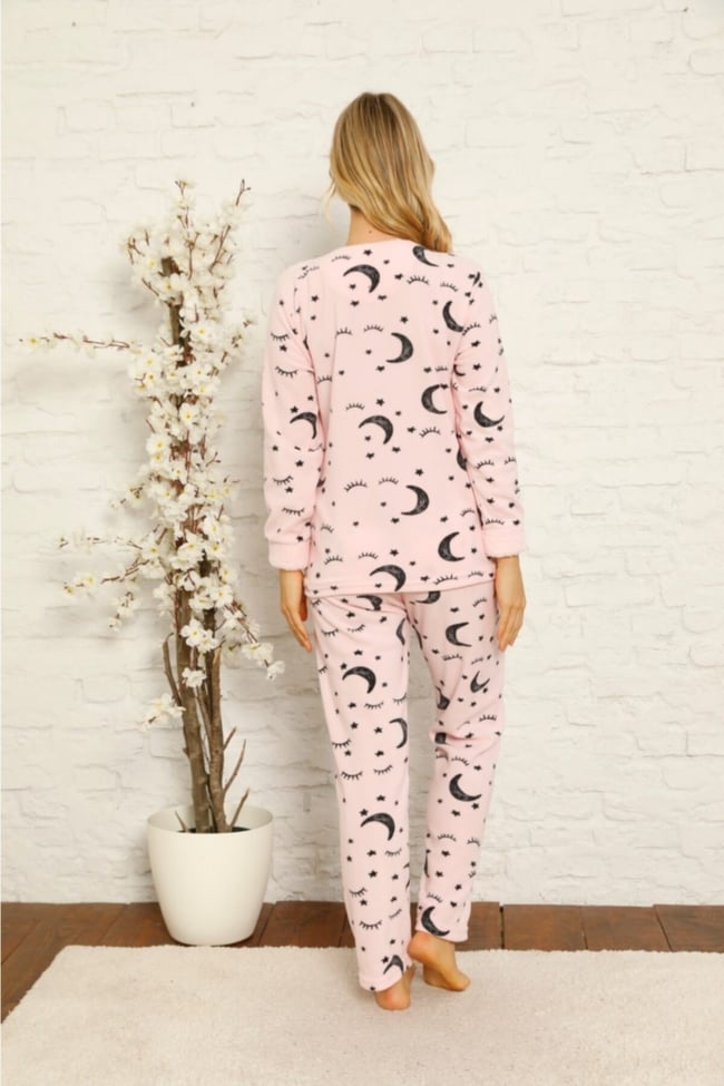 Kadın Pembe Kalpli Ay Yıldız Desenli Polar Pijama Takımı