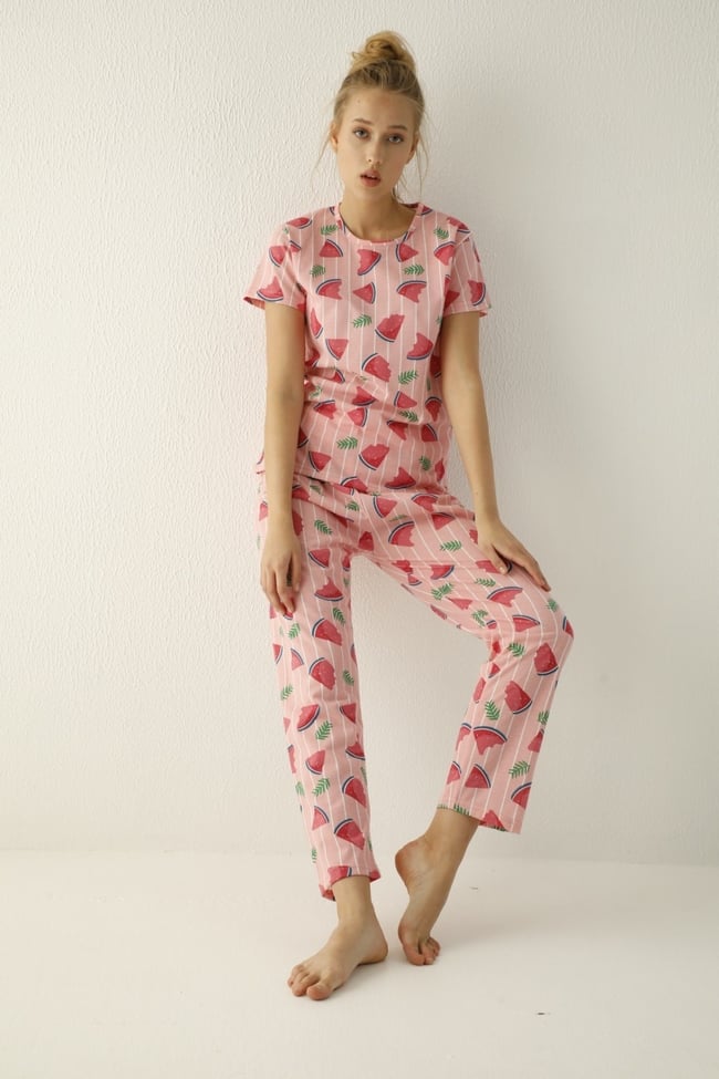 Kadın Pembe Karpuz Desenli Pijama Takımı