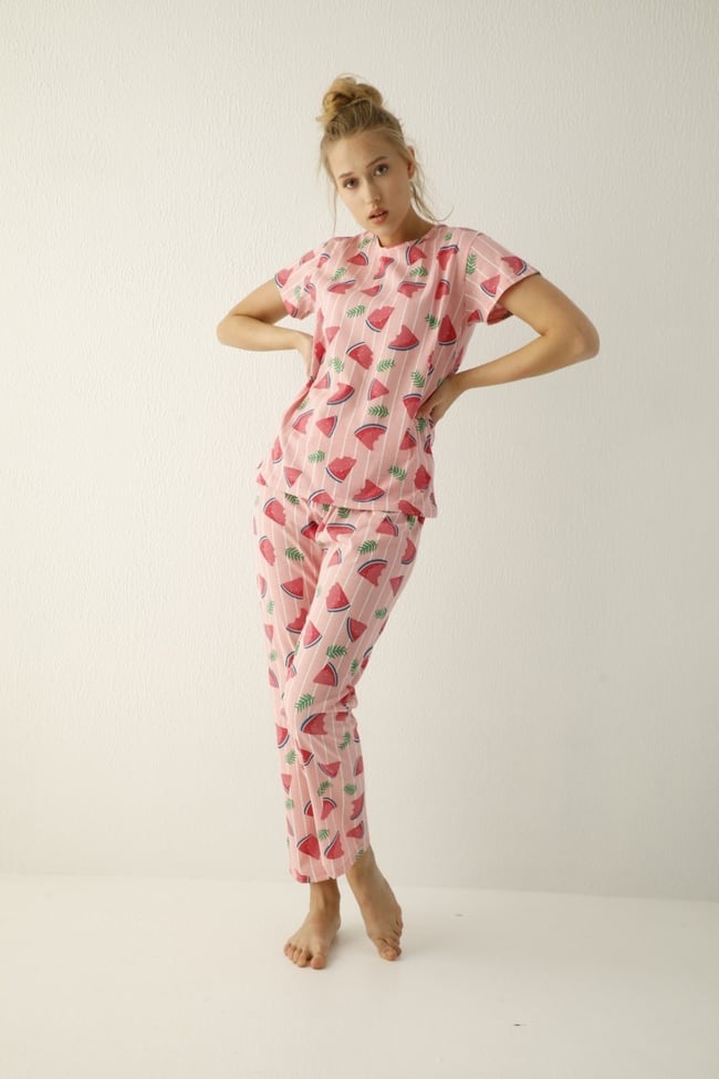 Kadın Pembe Karpuz Desenli Pijama Takımı
