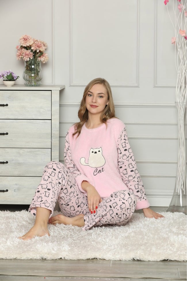 Kadın Pembe Kedicikli Polar Pijama Takım