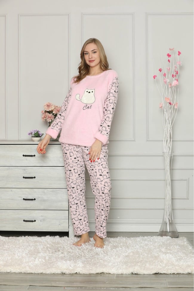 Kadın Pembe Kedicikli Polar Pijama Takım