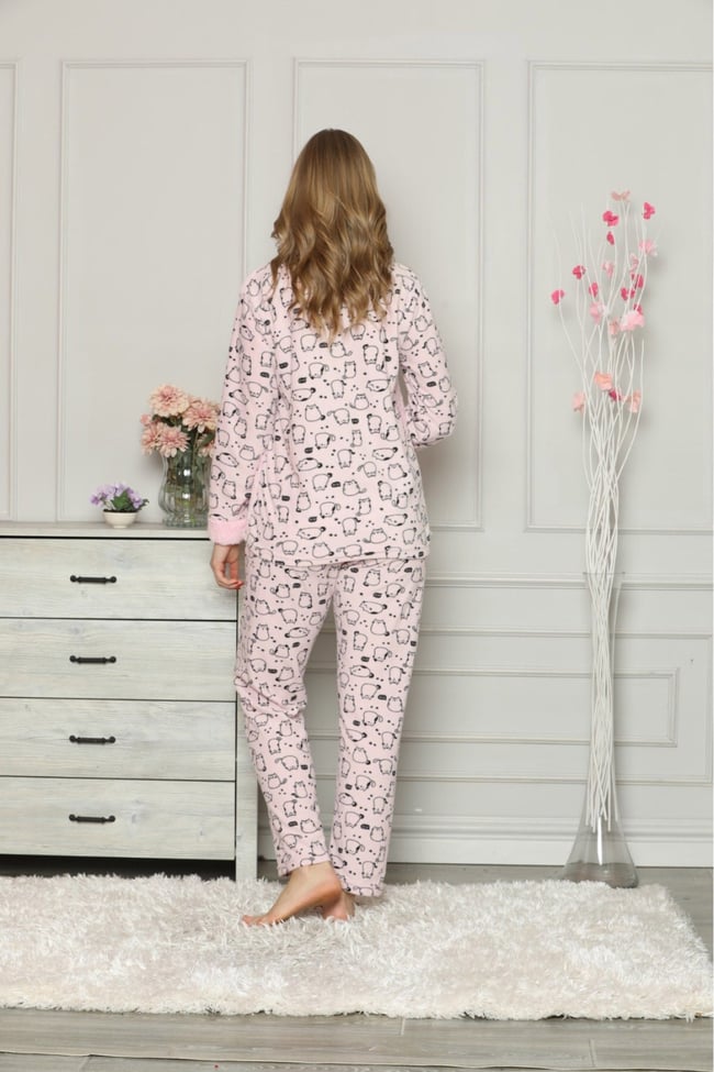 Kadın Pembe Kedicikli Polar Pijama Takım