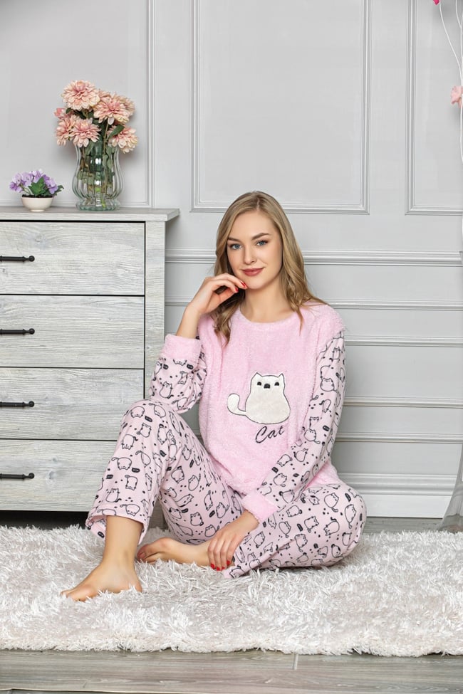 Kadın Pembe Kedicikli Polar Pijama Takım