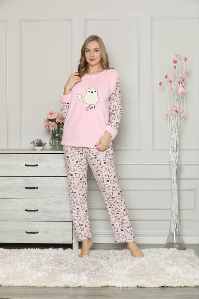 Kadın Pembe Kedicikli Polar Pijama Takım