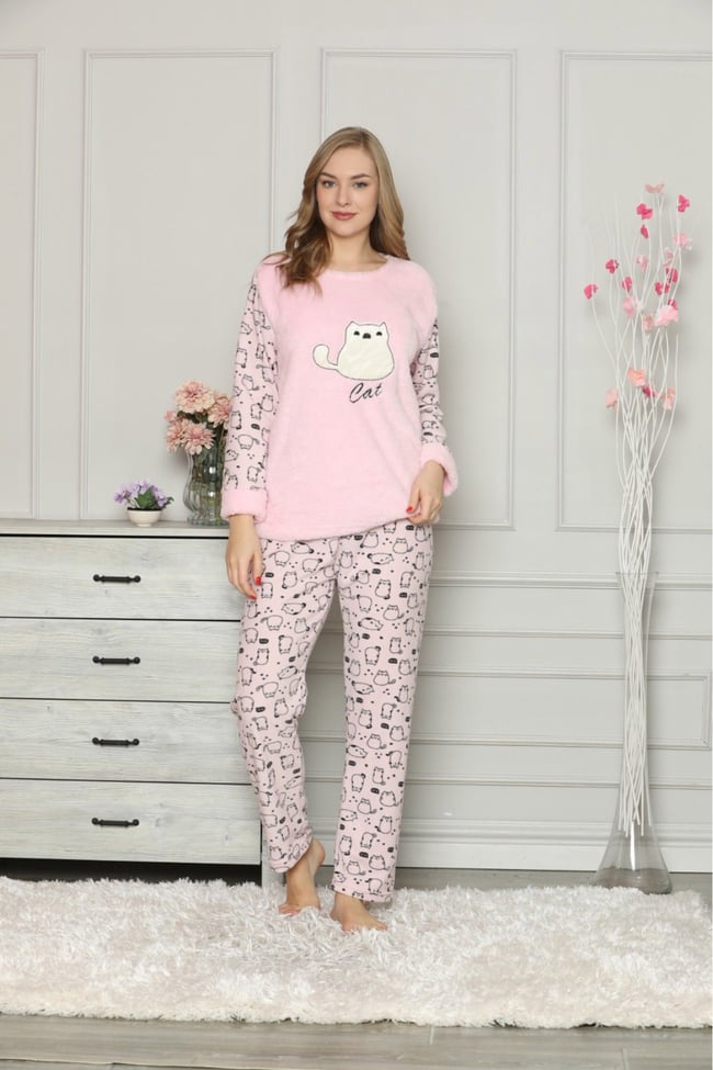 Kadın Pembe Kedicikli Polar Pijama Takım