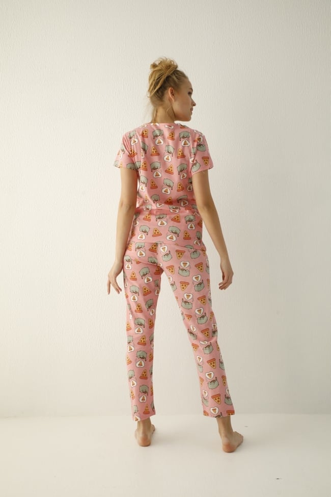 Kadın Pembe Kedili Pizza Desenli Pijama Takımı