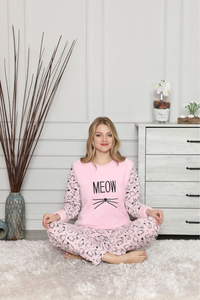 Kadın Pembe Meow Nakışlı Kedicik Desenli Polar Takım