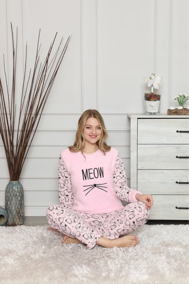 Kadın Pembe Meow Nakışlı Kedicik Desenli Polar Takım