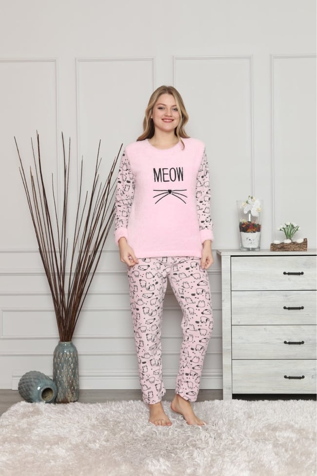 Kadın Pembe Meow Nakışlı Kedicik Desenli Polar Takım