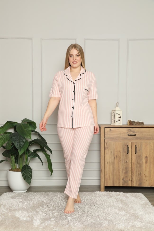 Kadın Pembe Önü Düğmeli Çizgili Yakalı Pijama Takımı