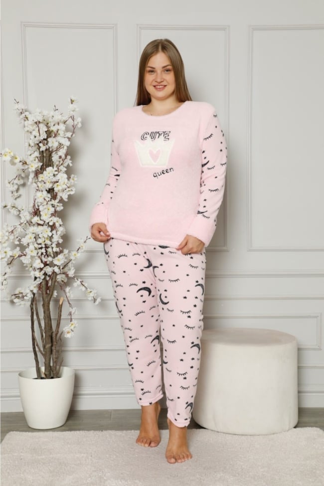 Kadın Pembe Queen Yazılı Ay Yıldız Desenli Polar Peluş Pijama Takımı