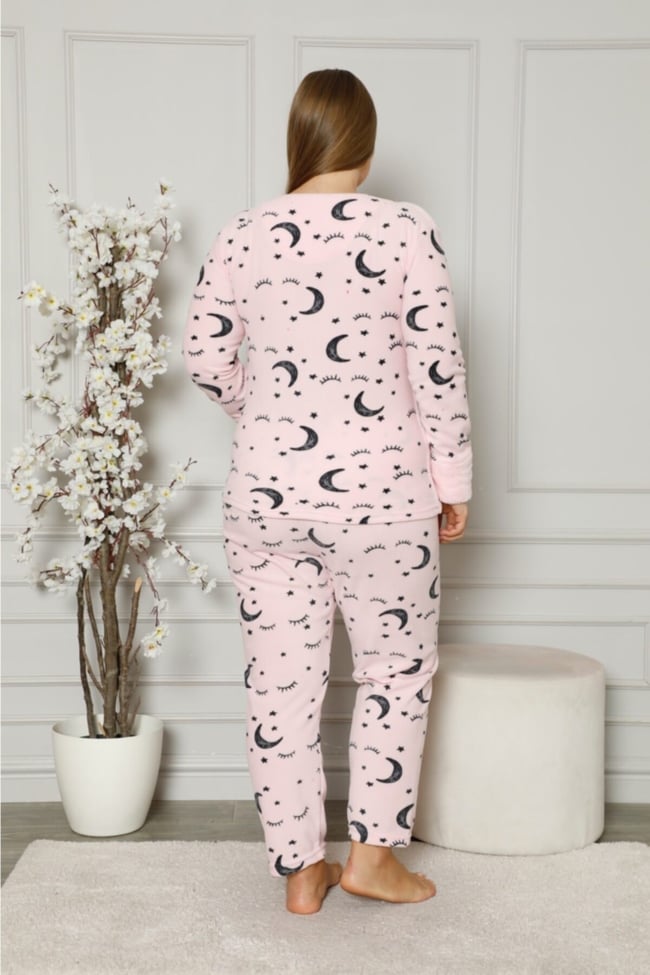 Kadın Pembe Queen Yazılı Ay Yıldız Desenli Polar Peluş Pijama Takımı