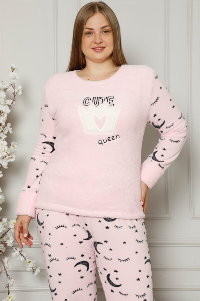 Kadın Pembe Queen Yazılı Ay Yıldız Desenli Polar Peluş Pijama Takımı