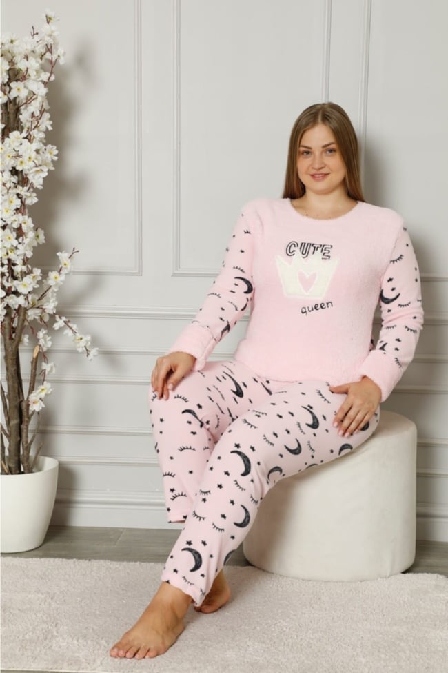 Kadın Pembe Queen Yazılı Ay Yıldız Desenli Polar Peluş Pijama Takımı