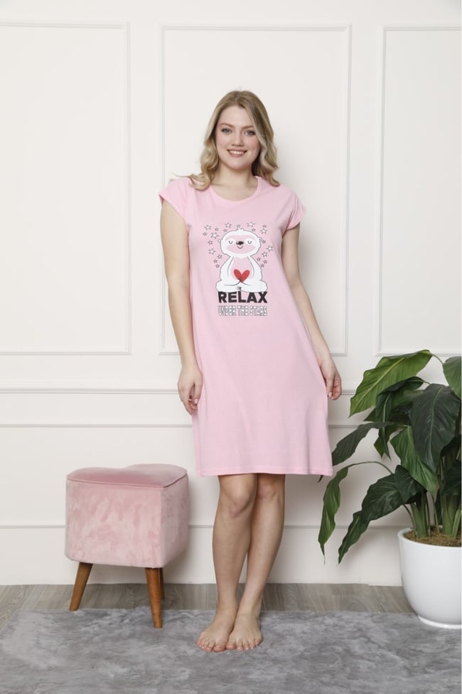 Kadın Pembe Renkli Ayıcık Desenli Gecelik Elbise
