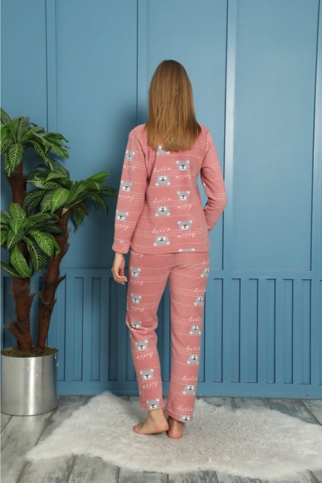 Kadın Pembe Sevimli Ayıcık Hello Teddy Pelüş Polar Pijama Takımı