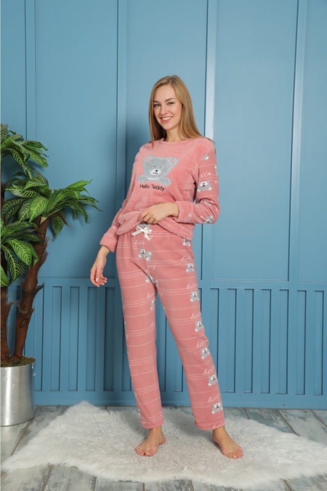 Kadın Pembe Sevimli Ayıcık Hello Teddy Pelüş Polar Pijama Takımı