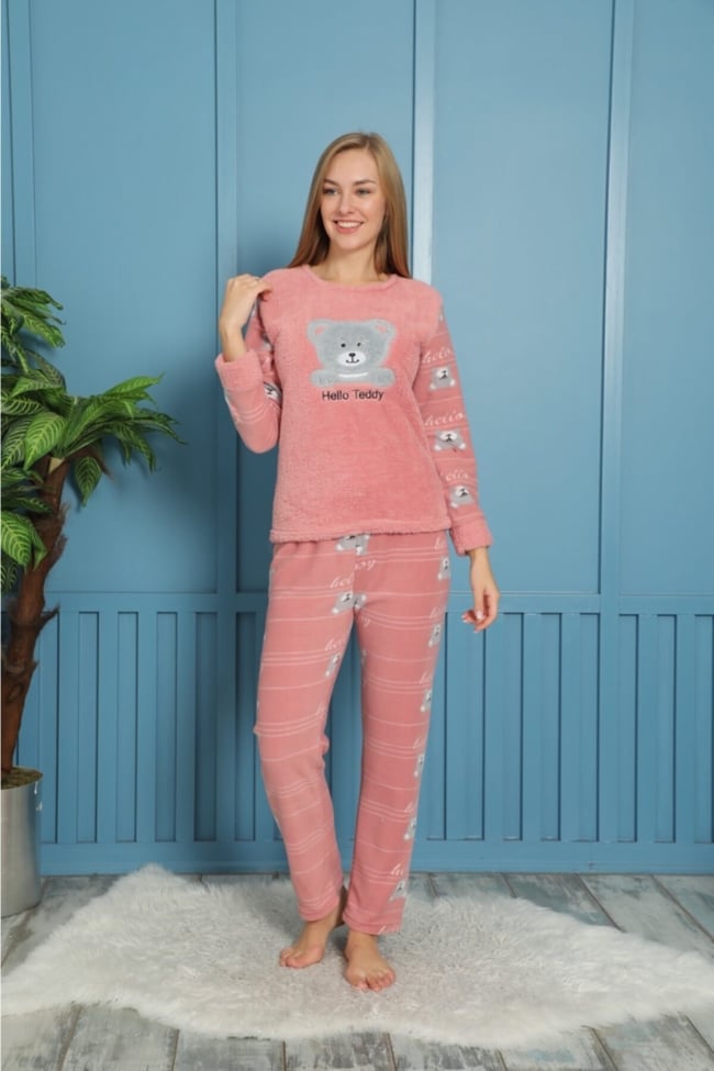 Kadın Pembe Sevimli Ayıcık Hello Teddy Pelüş Polar Pijama Takımı