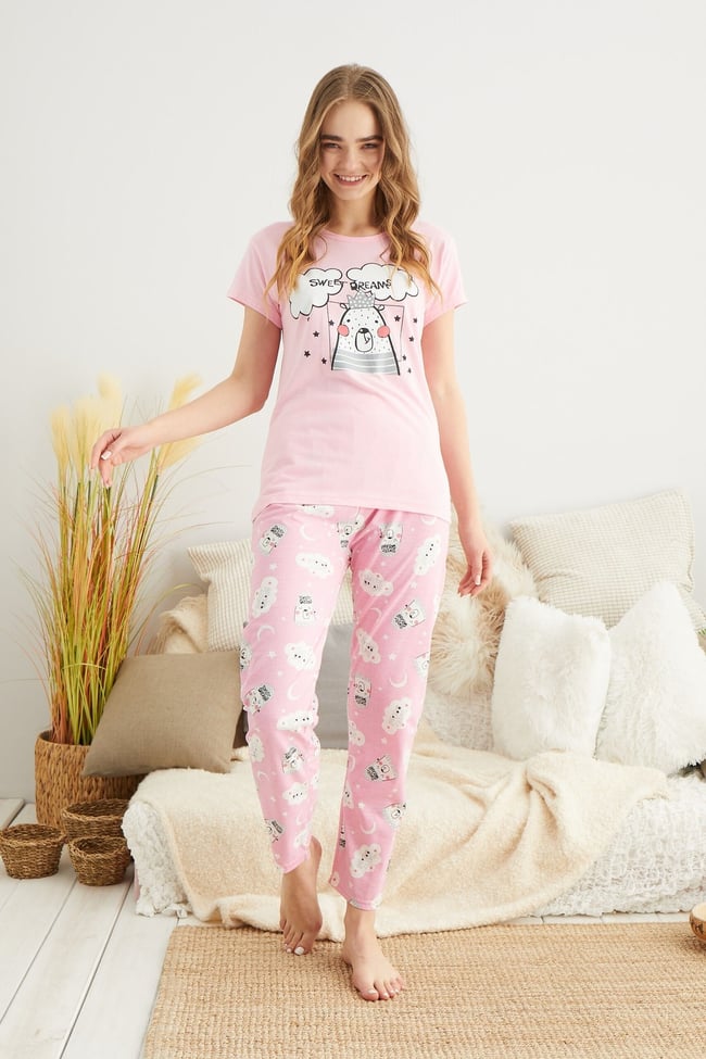 Kadın Pembe Sevimli Ayıcıklı Sweet Dreams Baskılı Pijama Takımı