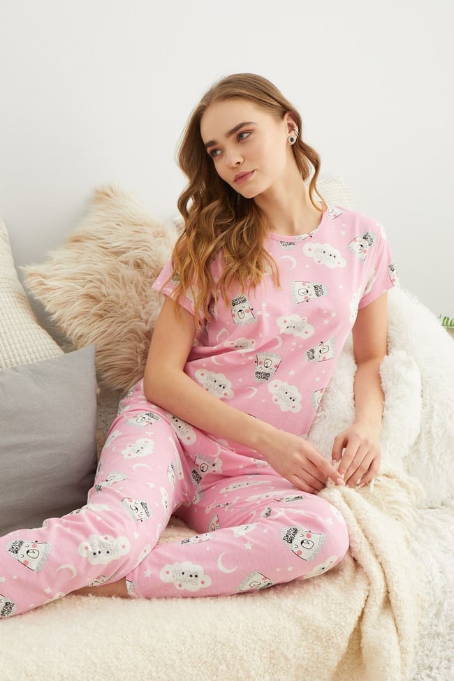 Kadın Pembe Sweat Dreams Baskılı Pijama Takımı.