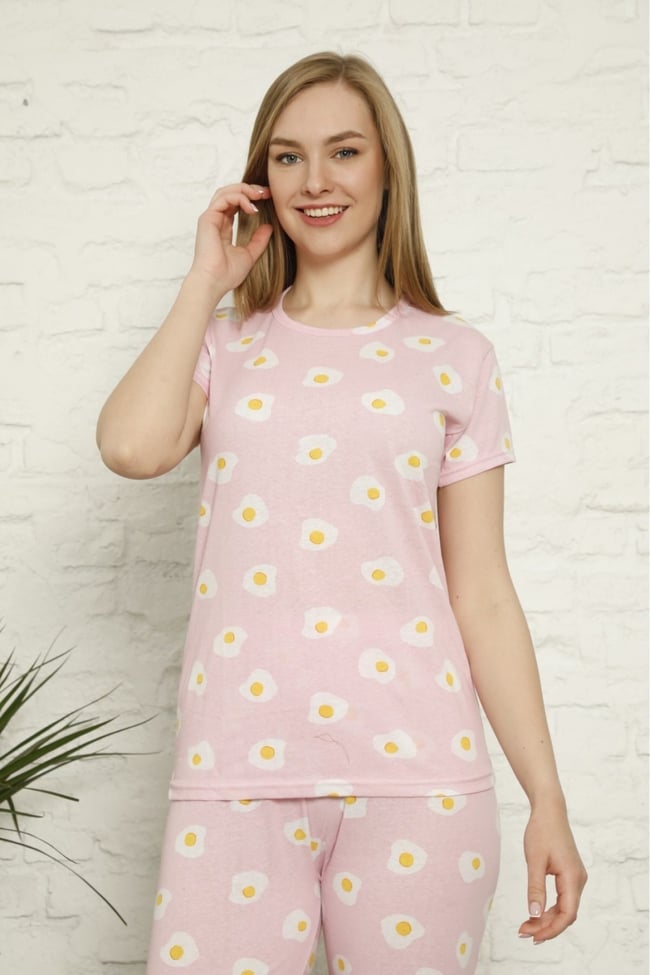 Kadın Pembe Yumurta Desenli Pijama Takımı