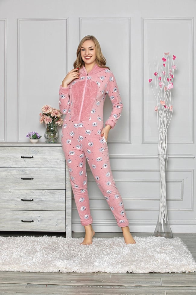 Kadın Polar Pembe Ayıcıklı Kapüşonlu Tulum