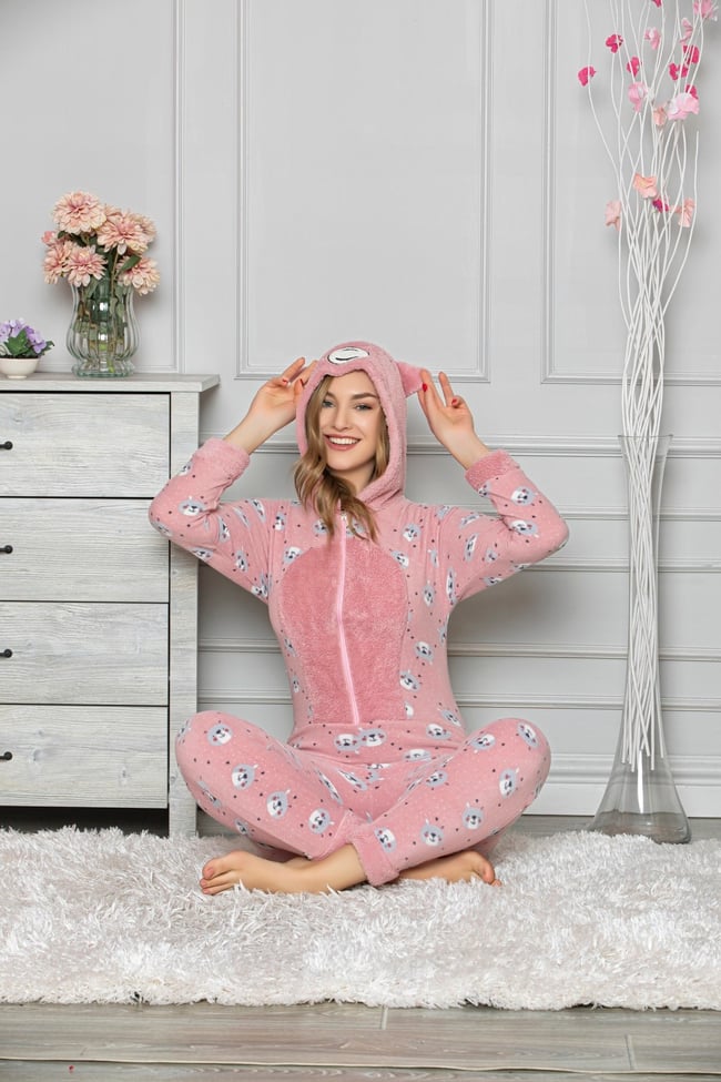 Kadın Polar Pembe Ayıcıklı Kapüşonlu Tulum