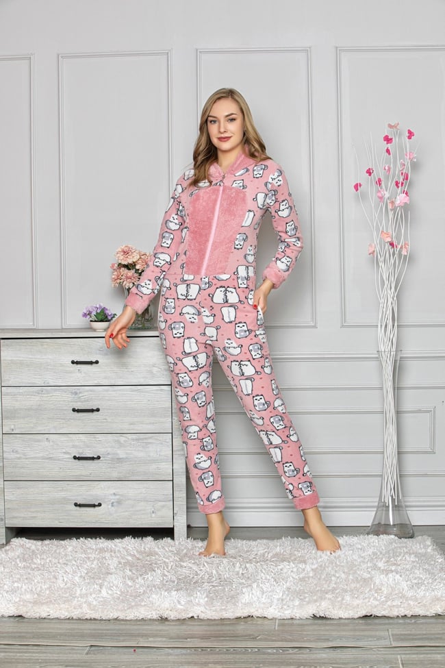 Kadın Polar Pembe Kedicikli Kapüşonlu Tulum