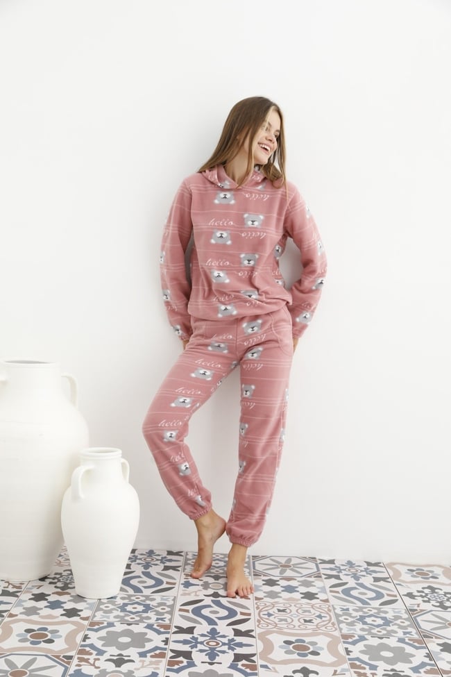 Kadın Pudra Ayıcık Desenli Kapüşonlu Polar Eşofman Pijama Takımı