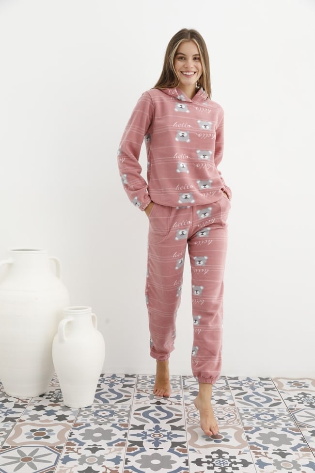 Kadın Pudra Ayıcık Desenli Kapüşonlu Polar Eşofman Pijama Takımı