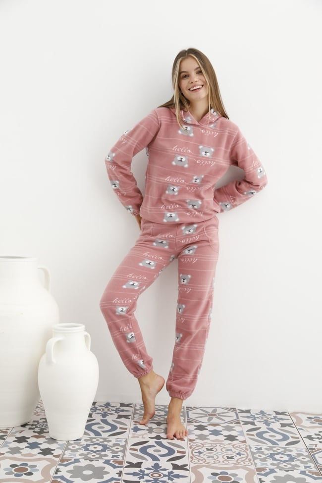 Kadın Pudra Ayıcık Desenli Kapüşonlu Polar Eşofman Pijama Takımı