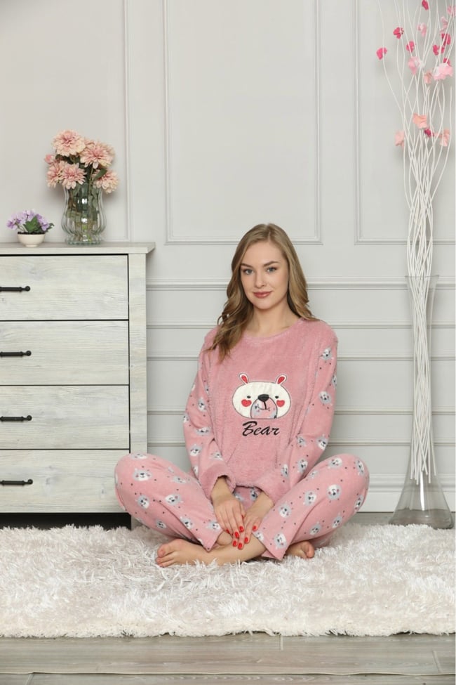 Kadın Pudra Ayıcıklı Polar Pijama Takım