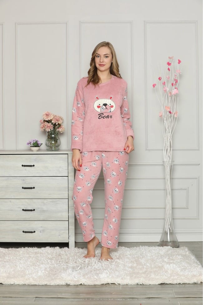 Kadın Pudra Ayıcıklı Polar Pijama Takım
