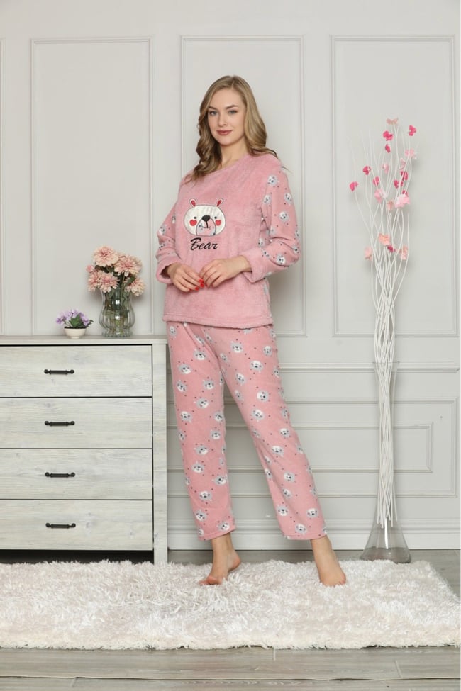 Kadın Pudra Ayıcıklı Polar Pijama Takım