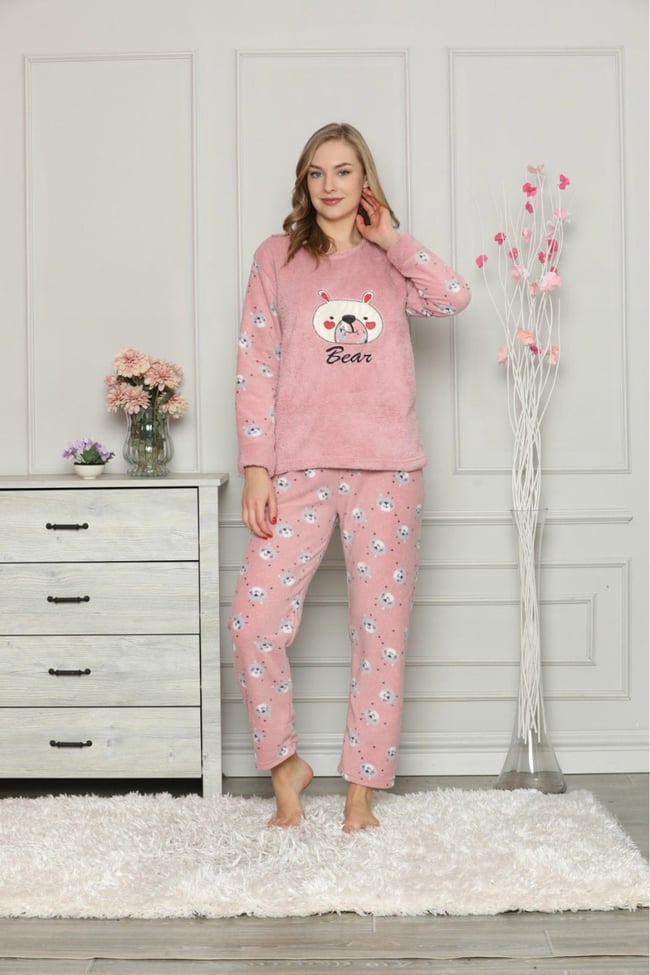 Kadın Pudra Ayıcıklı Polar Pijama Takım